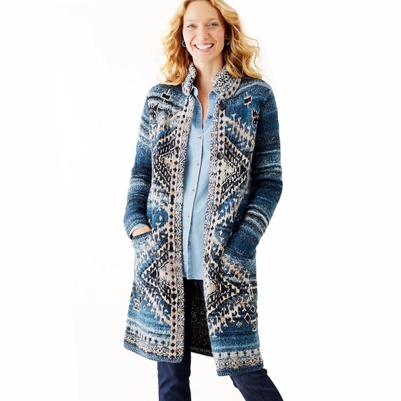 J. Jill Wool Blend Cardigan Duster Sweater SZ LP Chunky Fair Isle Jacquard Blue - Picture 11 of 13